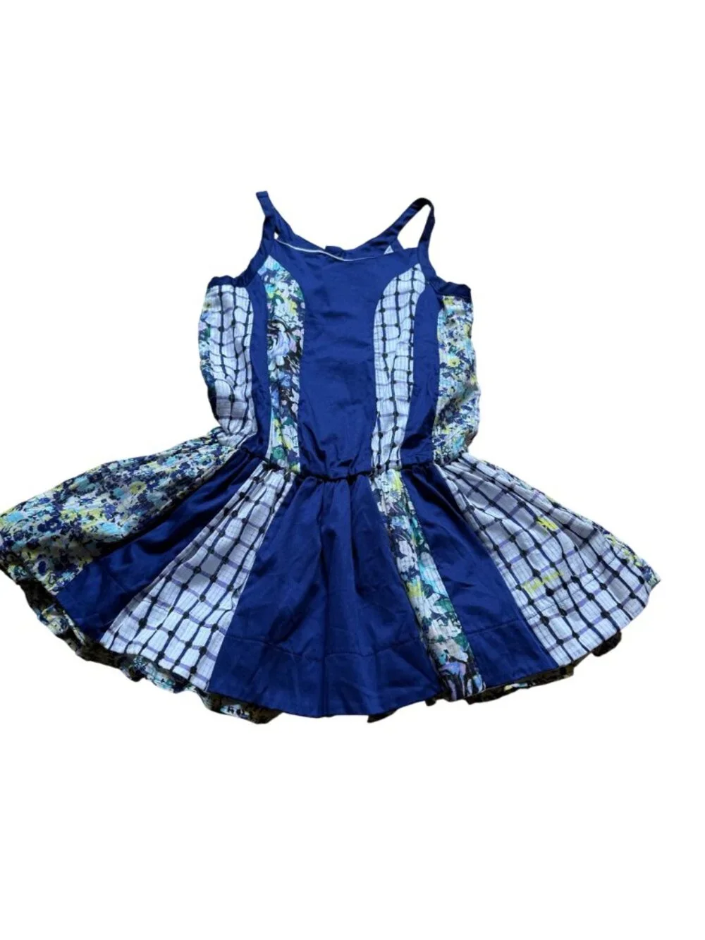 Catimini Girls Size 10 Blue Floral Striped Patchwork Sleeveless Ruffle Dress